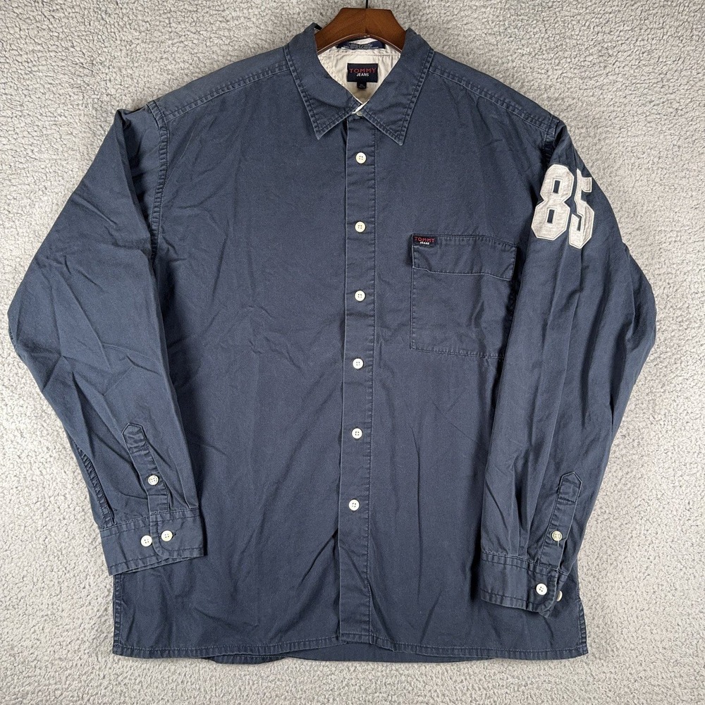 Vintage Tommy Jeans 1985 Varsity Spell Out Button Up Shirt Mens XL Navy Y2K